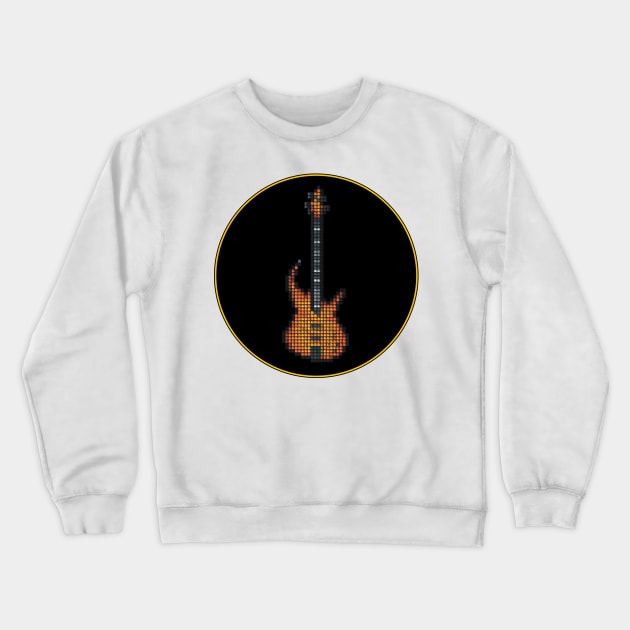 Tiled Pixel Burning Fire Bass Guitar in a Black Circle Crewneck Sweatshirt by gkillerb